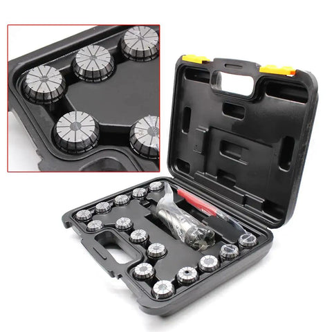 Open case of Pro Grade MT3 Shank ER32 Chuck Spanner Set with 15 Pcs Collets M12 Holder for Milling and Lathe, detailed view of collets