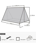 Diagram of Hot Tent With Stove Jack For Four Season Hammock Camping Gear showing dimensions and included accessories.