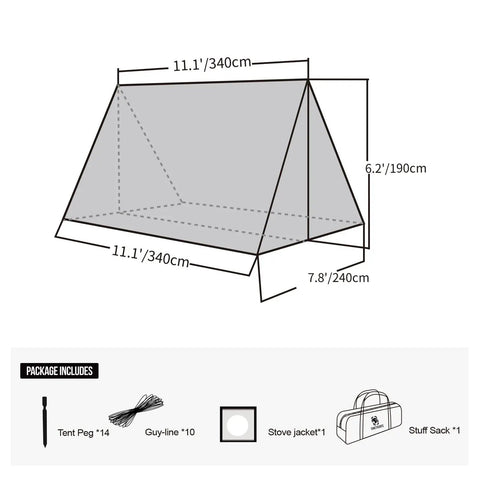 Diagram of Hot Tent With Stove Jack For Four Season Hammock Camping Gear showing dimensions and included accessories.