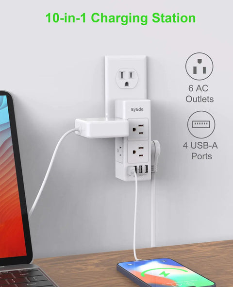 Dope 10 In 1 Wall Outlet Hub with 6 AC Sockets, 4 USB Ports, 180° Rotating Plug, and 1700J Surge Protection in use.