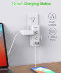 Two Pack 6 Outlet Wall Adapter With Rotating Plug Four USB Ports Three Side Design 1700 Joules Surge Protector Space Saving Power Strip For Travel And Office plugged into a wall with devices charging