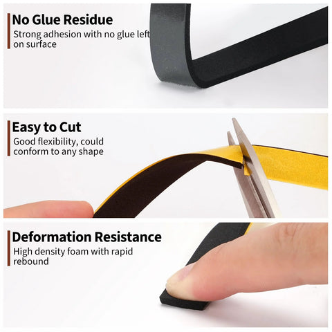 Yotache foam weather-stripping tape front view, 1/2 in wide x 1/16 in thick, black adhesive strip, 33 ft length
Yotache foam weather-stripping tape side view being cut with scissors; flexible, easy to shape
Yotache foam weather-stripping tape close-up view; high-density foam with rapid rebound