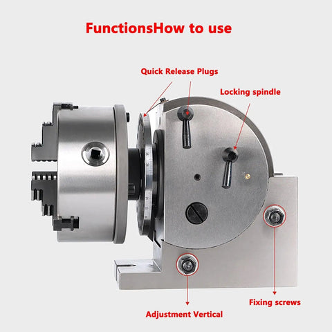 Heavy Duty Precision Dividing Head With Three Jaw Chuck And Full Sweep Rotary Table Tailstock Mount For Benchtop Milling Machines with locking spindle.