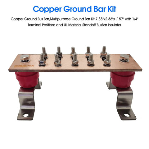 Heavy Duty Copper Ground Bus Bar Kit 7.88 Inch By 2.36 Inch By 0.157 Inch With One Quarter Inch Terminal Positions, Includes Brackets