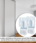 Eight-Piece Sliding Closet Door Roller Hardware Kit showing top hung bypass upper mount track wheels in use