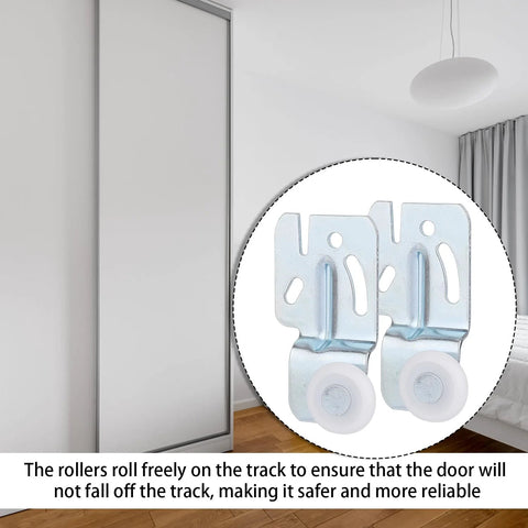 Eight-Piece Sliding Closet Door Roller Hardware Kit showing top hung bypass upper mount track wheels in use