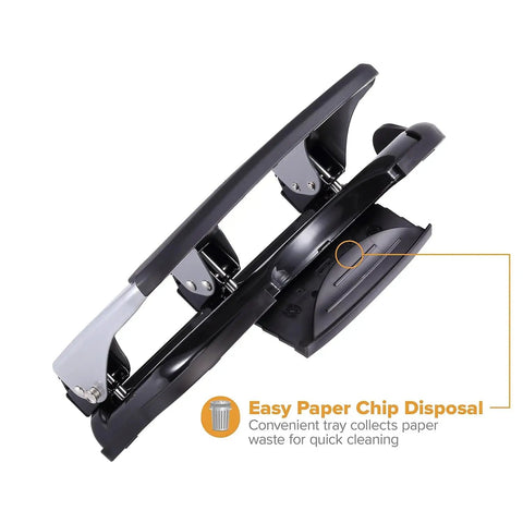 EZ Squeeze Heavy Duty 3 Hole Punch With 40 Sheet Capacity, All Metal Build, Easy Clean Chip Tray, black and silver punch
