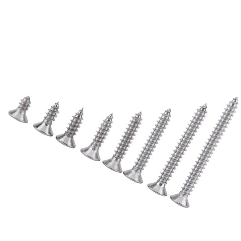 Premium 304 Stainless Steel M3 Self Tapping Screws 200 Piece Pan Head Fastener Kit displayed in various sizes.