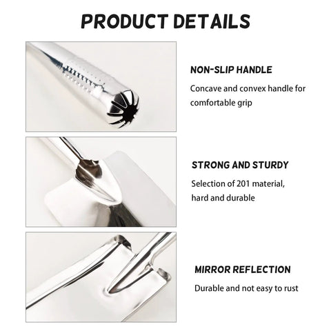 Stainless Steel Garden Shovel And Trowel Hand Tools Set handle, blade, and reflective surface details in ergonomic design.