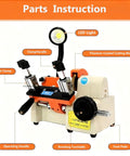 Top Shelf Metal Parts Duplicator With High Precision Hardware Cutter, showing LED light, titanium-coated blade, and metal clamp.