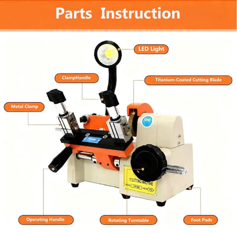 Top Shelf Metal Parts Duplicator With High Precision Hardware Cutter, showing LED light, titanium-coated blade, and metal clamp.