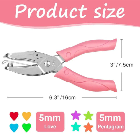 Dual Shape One Quarter Inch Star And Heart Hole Punch Handheld Paper Craft Puncher with pink soft grip handle, dimensions shown.