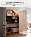 Hidden Door Hinge on wooden door with workspace visible, showcasing concealed installation and seamless appearance
