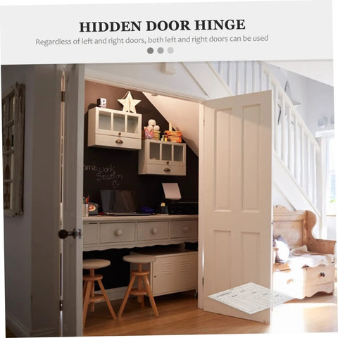 Hidden Door Hinge on wooden door with workspace visible, showcasing concealed installation and seamless appearance