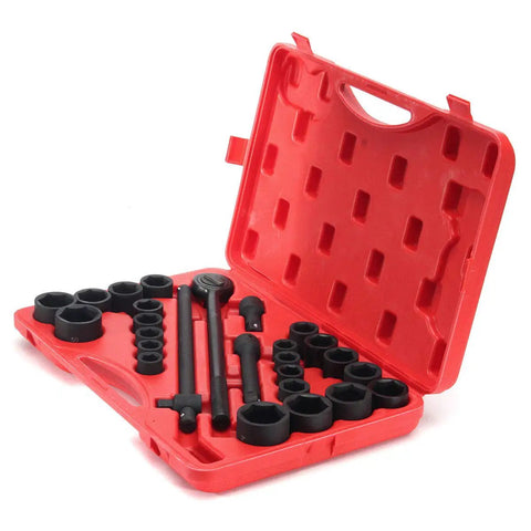 27 Piece Impact Socket Set With Three Quarter Inch Drive Includes Metric And SAE Sockets, Drop Forged Cr-V Steel, in red case