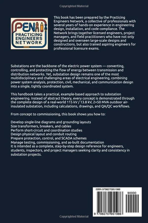 Back cover of a book with PEN logo, title Practical Electrical Power Substation Design, dark blue background, barcode bottom right