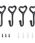 Four Pack Cast Iron Heart Wall Hooks Black Heavy Duty Hook For Keys Belts Towels with mounting screws and anchors.