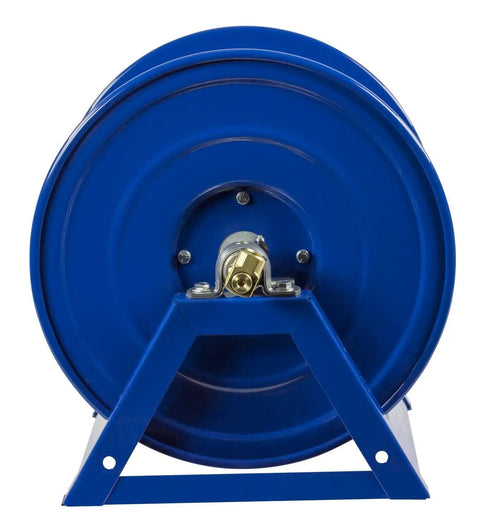 Front view of Heavy Duty Hand Crank Steel Hose Reel 1125-4-200 Series, Built Tough 1/2 Inch By 200 Feet, 3000 PSI, All Welded Steel A Frame, Blue