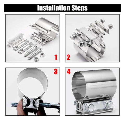 Installation steps for Two Pack 2.25 Inch Exhaust Clamp Kit Stainless Steel Butt Joint Band Sleeve Coupler for pipes and converters.