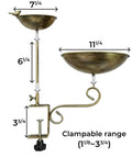 Dual Tier Deck Mounted Bird Bath With Grip Guard Railing Clamp And Seed Feeder For Balconies Apartments And Patios dimensions and clamp details.
