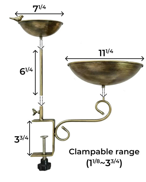 Dual Tier Deck Mounted Bird Bath With Grip Guard Railing Clamp And Seed Feeder For Balconies Apartments And Patios dimensions and clamp details.
