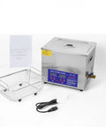 Top Shelf Ultrasonic Cleaner Machine 10 Liter Capacity With Slick 40Khz Adjustable Frequency And Easy Digital Timer complete with wire basket and power cord.