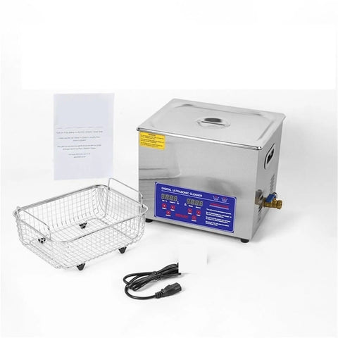 Top Shelf Ultrasonic Cleaner Machine 10 Liter Capacity With Slick 40Khz Adjustable Frequency And Easy Digital Timer complete with wire basket and power cord.