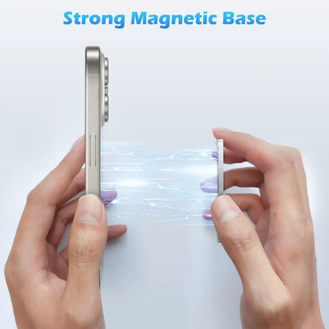 Magnetic Base For MagSafe Phone Series And PopSocket Grips, held between hands, illustrating strong magnetic hold.