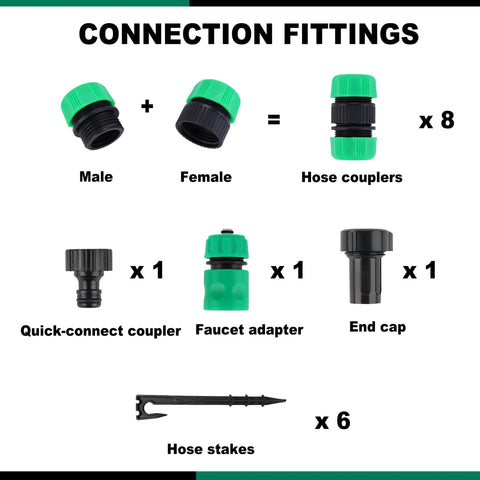 Connection fittings for Customizable Soaker Hose System With 50 Ft 1/2 Inch Soaker Hose And 25 Ft PVC Garden Hose, labeled components