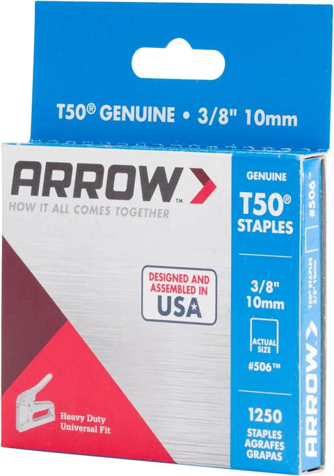 Box of Heavy Duty Staples Built For Tough Jobs 3/8-Inch Leg, 3/8-Inch Crown, 1250-Pack with Arrow branding.