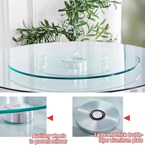 Premium Tempered Glass Lazy Susan Turntable Serving Tray For Dining Tables And Party Crews Featuring Silky Swivel Spin And No Sweat Washup At Thirty Four Inches Across with auxiliary wheels
