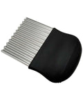 LGXEnzhuo stainless steel crinkle cutter with black handle, angled view showing corrugated wavy blade for vegetables