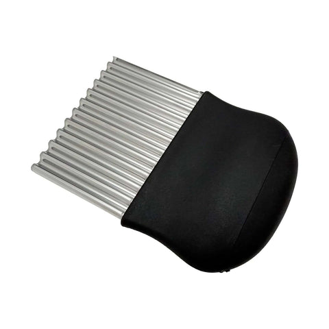 LGXEnzhuo stainless steel crinkle cutter with black handle, angled view showing corrugated wavy blade for vegetables