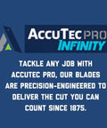 AccuTec Pro Infinity logo with text about precision-engineered blades since 1875, blue background.