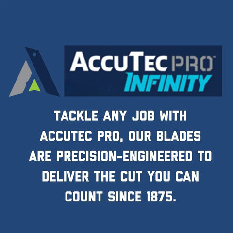 AccuTec Pro Infinity logo with text about precision-engineered blades since 1875, blue background.