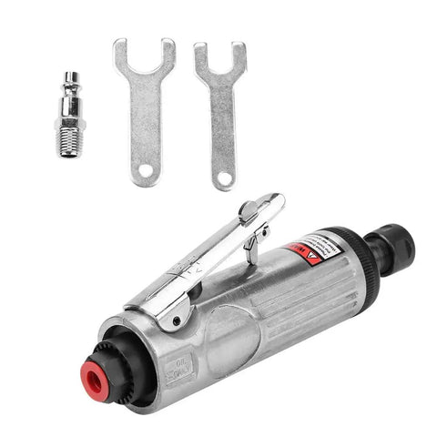 High Speed 1/4 Inch Pneumatic Die Grinder Air Powered Hand Tool with two wrenches and a connector for metal fabrication work.