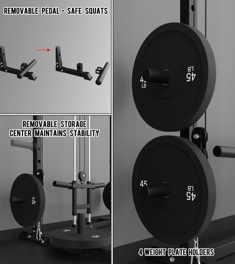 Heavy Duty Power Rack And Cable System For Home Gym Workout Gear Built Damn Tough showing removable pedal and weight plate holders.