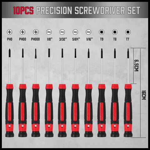 10 precision screwdrivers with slotted, Phillips, and Torx bits on display, part of 16 Piece Magnetic Screwdriver Set With Slotted Phillips And Torx Bits, Built In Magnetizer And Demagnetizer, Plus Sturdy Storage Case, Pro Grade Chrome Moly Vanadium Steel For Easy DIY Repairs