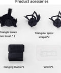 Product accessories for Automatic Electric Coffee Handle Cleaner including triangle hair brush and triangular scrapers.