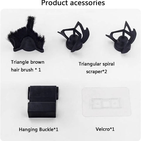 Product accessories for Automatic Electric Coffee Handle Cleaner including triangle hair brush and triangular scrapers.