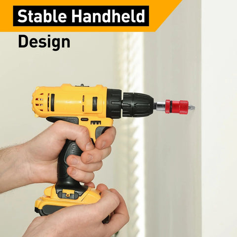 Cordless drill in yellow with black grip and red magnetic bit holder attached to the chuck.