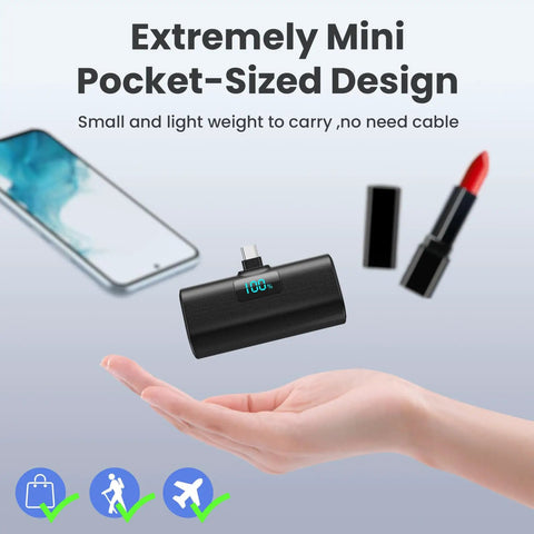 Two Pack Grab And Go Portable Charger With Built In USB C Cable, 5200 Mah Pocket Power Bank held in hand, showing mini design and LED display.