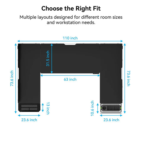 Dimensions of Modular Electric Standing Desk Featuring Expandable L Shaped Layout For Makers And Tech Crews showing various sizes.