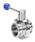 Side view of 2-inch tri-clamp butterfly valve, stainless steel 304, blue pull-handle