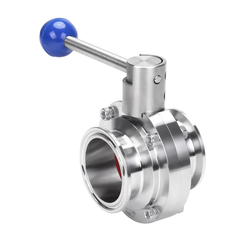 Side view of 2-inch tri-clamp butterfly valve, stainless steel 304, blue pull-handle