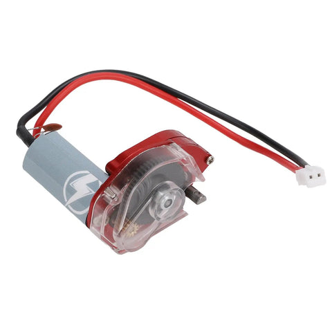 Heavy Duty RC Gearbox With 050 50T Steel Motor For RC Cars with transparent cover and red casing wires visible