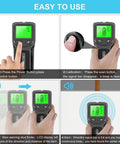 5 in 1 Stud Finder Wall Detector with Backlight displayed with step-by-step usage instructions, highlighting features and LCD screen.