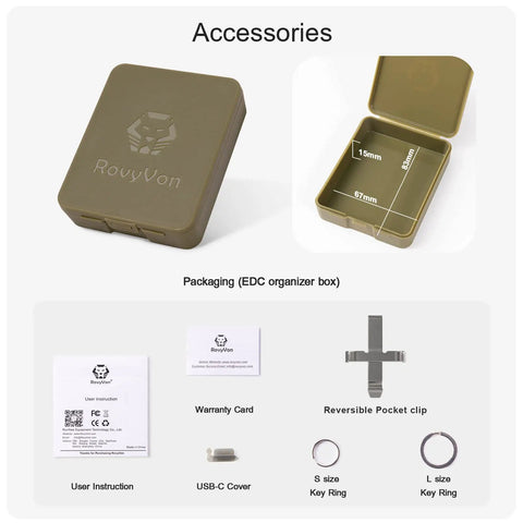 EDC Keychain Flashlight Packaging with Accessories Listed, Includes EDC Organizer Box, User Instruction, Warranty Card, USB-C Cover, Key Rings