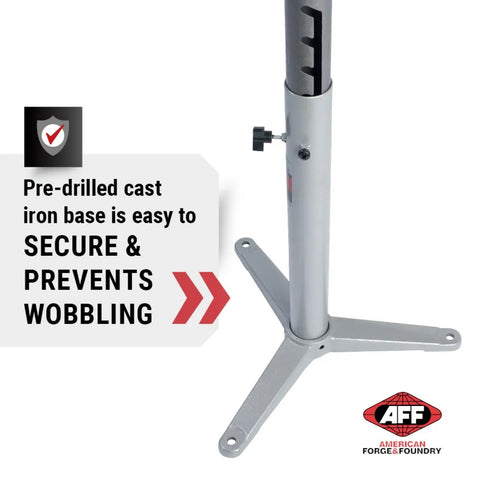 Adjustable Bench Grinder and Vise Stand With 28 to 36 Inch Height, showing pre-drilled cast iron base for stability and vibration reduction.
