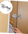 Stainless steel cabinet hinge, rust-resistant, installed on a wooden kitchen cabinet door.